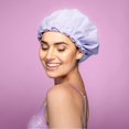 thumbnail image 2 of Large Shower Cap, Reusable, Double Layer Lined with Soft Waterproof Material, Ruffle Trim, for All Hair Lengths (Purple), 2 of 5