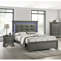 Contemporary Gray King Size 3Pc Bedroom Set Panel Bed w LED Tufted HB Nightstands Wooden Furniture