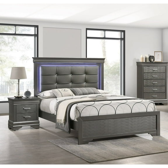 Contemporary Gray King Size 3Pc Bedroom Set Panel Bed w LED Tufted HB Nightstands Wooden Furniture