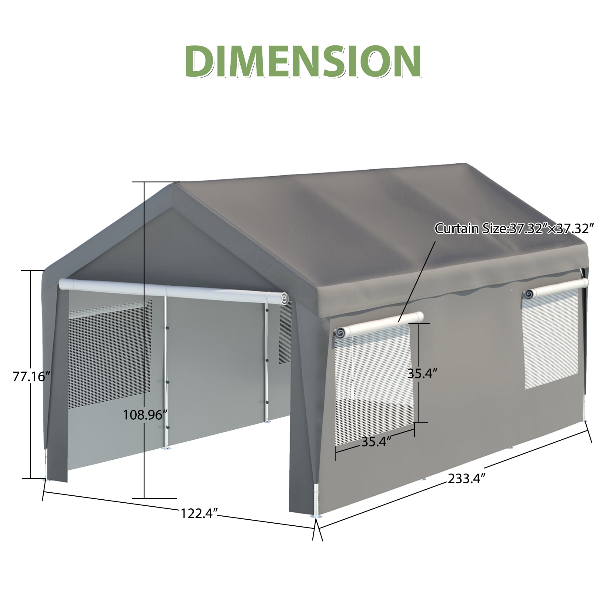 LZBEITEM 10 x 20 ft. Heavy Duty Steel Outdoor Carport Storage Boat Shed Canopy Garage Car Shelter Portable Party Tent Adjustable Height with Window Sidewalls and Doors, Gray