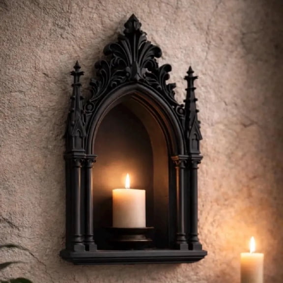Gothic Wall Sconce,Medieval Candle Holder Black Arch Wall Decor Cathedral Style Hanging Accent For Bedroom Living Room Fireplace Entryway Halloween Theme Party Vintage Home Decoration Display