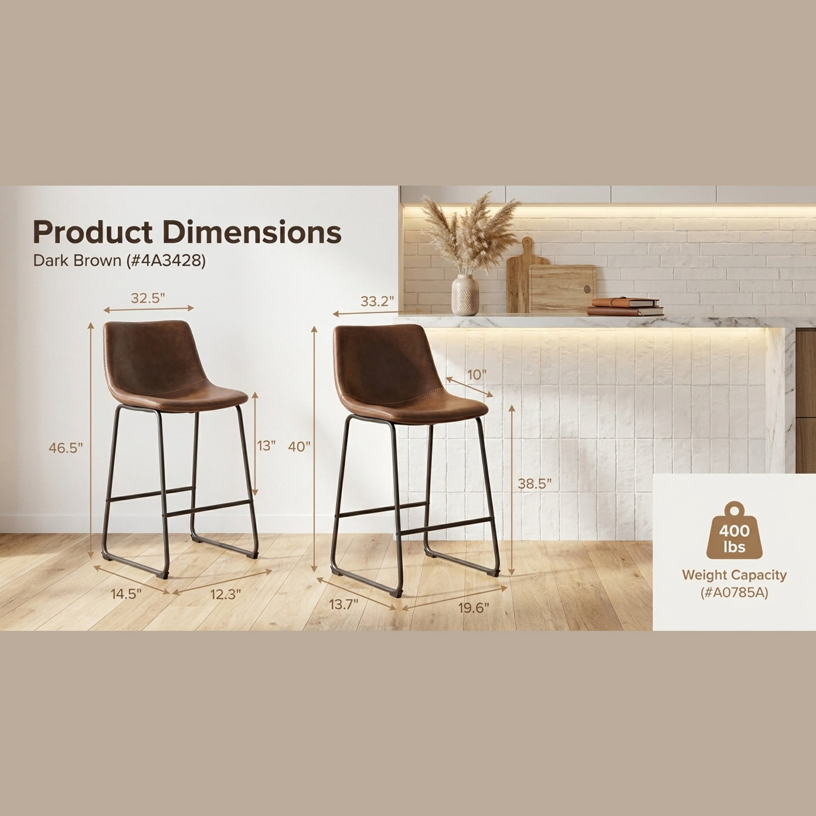 Furnibear 24 Inch Bar Stools Set of 2 with Backs and Footrests for Kitchen Island Counter Bar Pub Dining Home, Brown