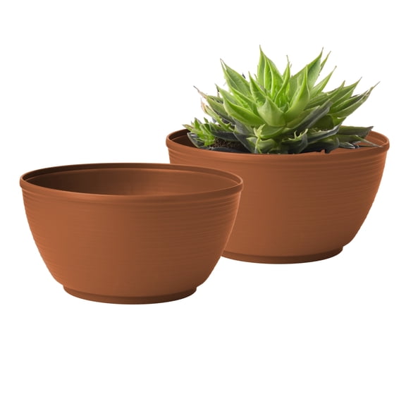 Bloem Willow 12" Plastic Planter Bowl, Shallow Round Pot for Cacti, Succulents, Herbs, and Moss, Terra Cotta, 2-Pack