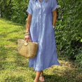 thumbnail image 3 of Pink Striped Short Sleeve Button-Front Shirt Dress Cotton Linen Blend, 3 of 12