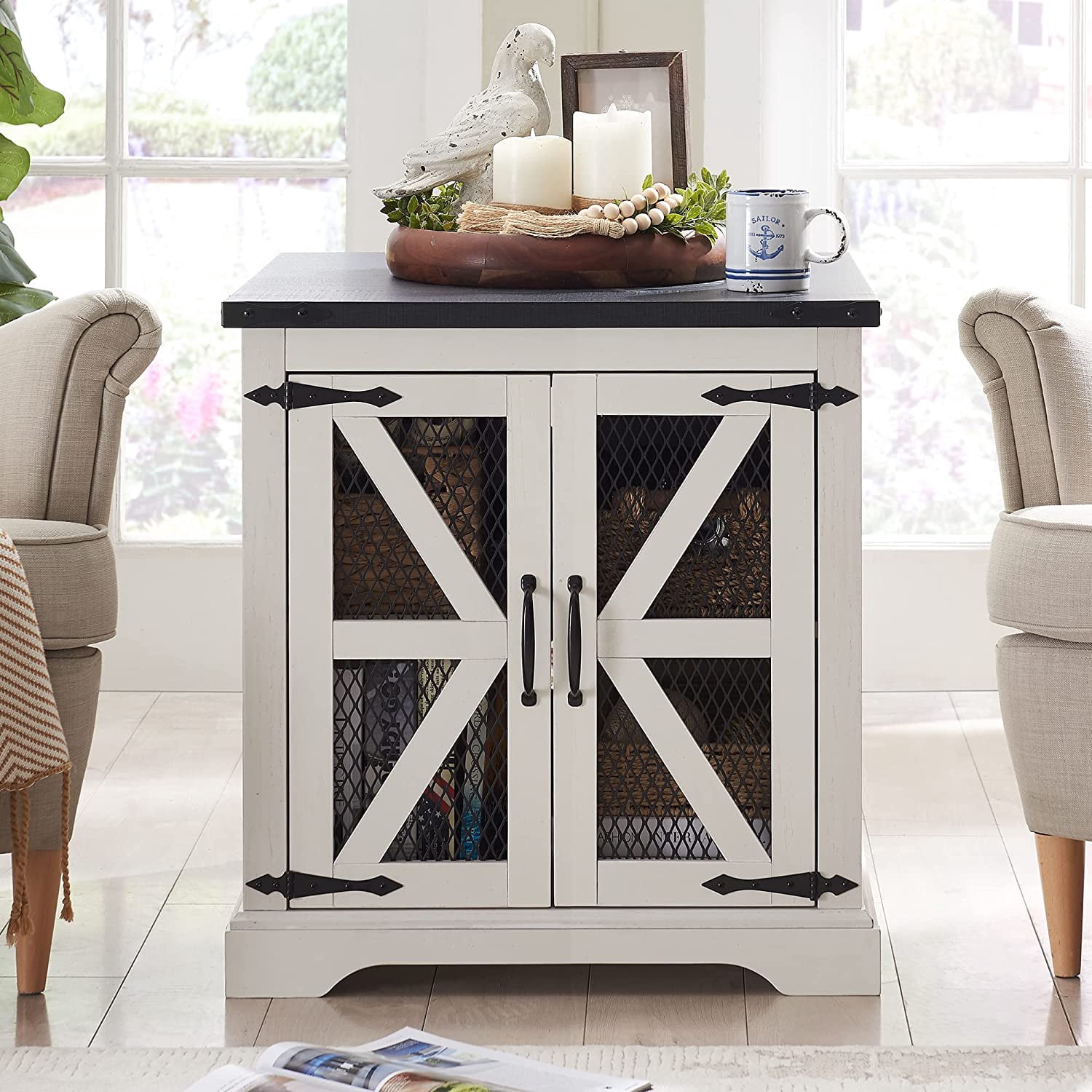 T4TREAM Farmhouse End Table with Charging Station, Side Table with Mesh Door & Storage Shelf Nightstand for Living Room Bedroom, White,Wood Tabletop