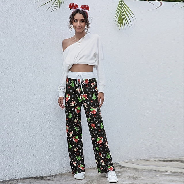 Pantalones casuales con cordones para mujer de Europa y América, pantalones holgados con cordones y estampado navideño a la moda