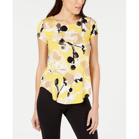 Alfani Petite Printed Round Hem T-Shirt Yellow Diptina Floral PXS