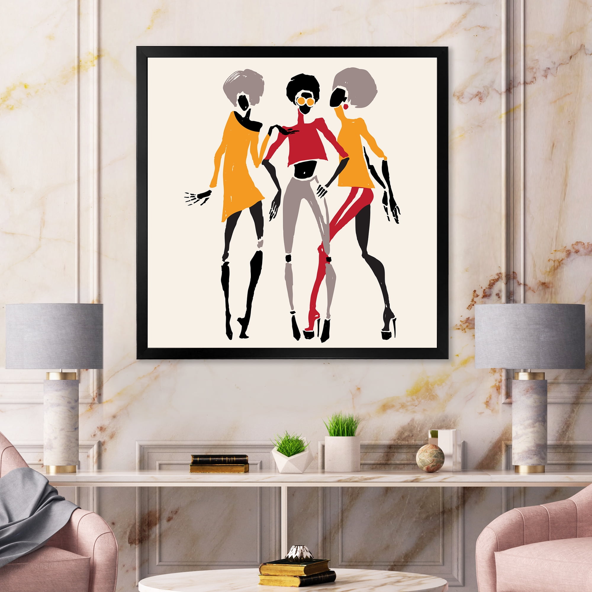 Designart 'African American Women Silhouettes Red and Yellow II' Modern Framed Art Print