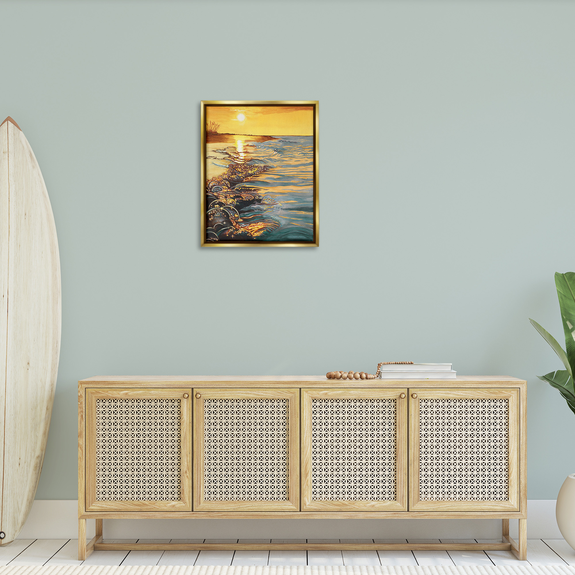 Stupell Industries Sunset over Beach Ripples Landscape Painting Gold Floater Framed Canvas Art Print Wall Art, 25 x 31