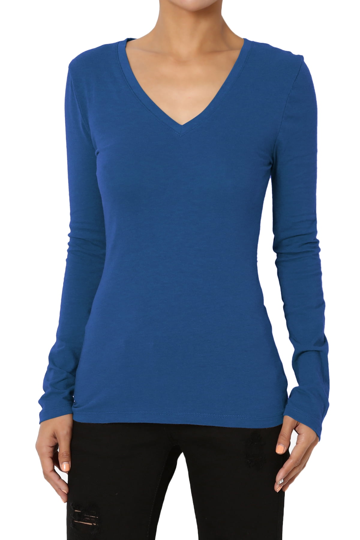 TheMogan Women's Basic Plain Solid V-Neck Long Sleeve Tee Cotton Fitted ...