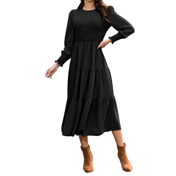 Mengpipi Womens Casual Long Sleeve Midi Dresses Smocked Flowy Tiered Dress  Black, Size 16-18 - Walmart Business Supplies