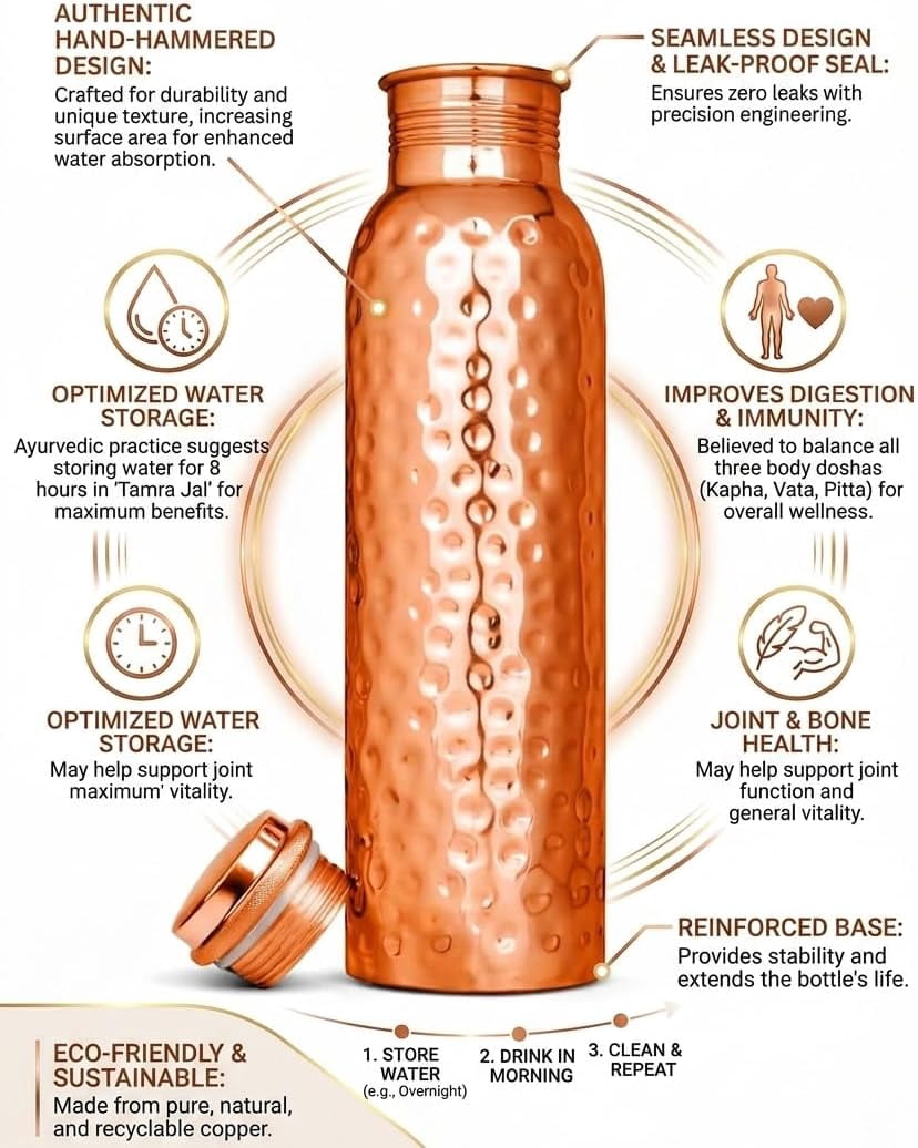 ARNCRAFT 100% Pure Copper Bottle (34oz) Handcrafted hammered finish Water Bottle leak proof and lab tested Perfect for gym travel office gifting (1005ml)