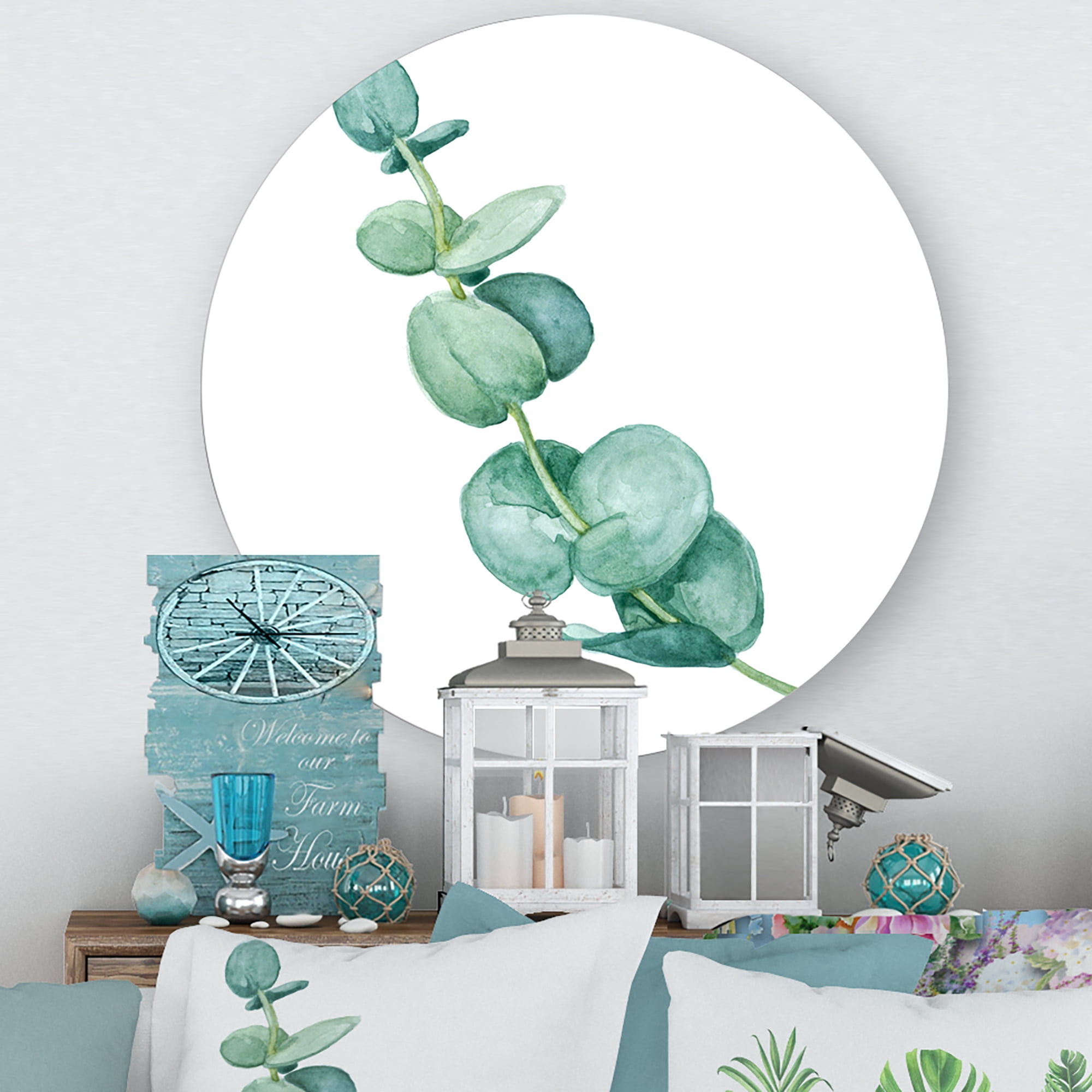 Designart 'Young Eucalyptus Branches and Leaves II' Traditional Circle Metal Wall Art 11x11 - Disc of 11
