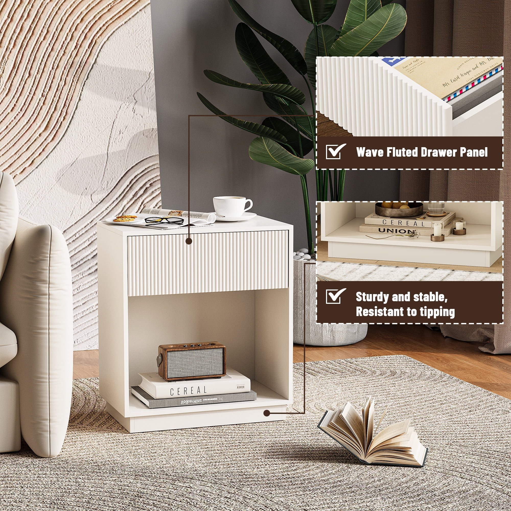 Fluted Nightstands Set Of 2, Modern Mid - Century Wood Bedside Table With Drawer & Open Storage Shelf, End Table For Bedroom, Living Room, Office, Sofa Side Couch White