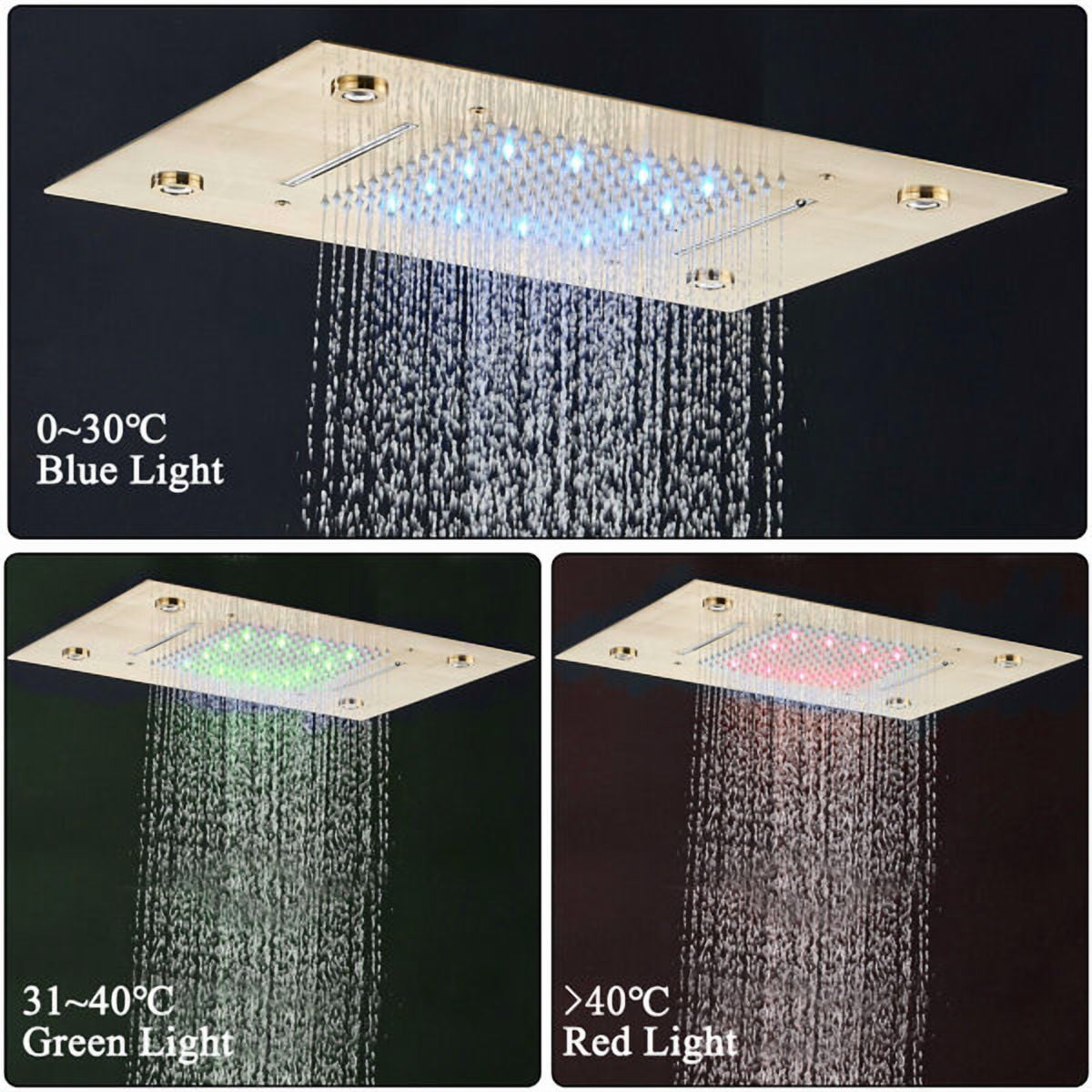 Color Changing LED Shower Head High Pressure Rain Remote Control Brushed Gold