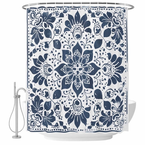 Boho Floral Leaves Fabric Shower Curtain Blue Datura Flowers Washable Shower Curtains for Bathroom, Waterproof Bath Curtain with Hooks Home Decor 72x84in