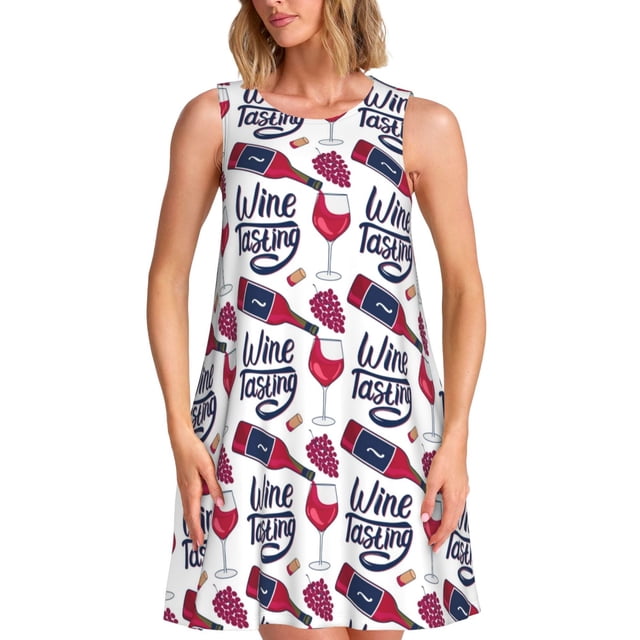 Balery Red Wine Glass Bottle Vestidos de verano para mujer con estampado: vestido holgado sin mangas, vestido playero informal y cómodo para días calurosos.