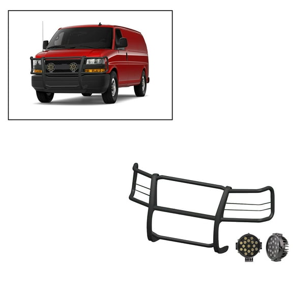 Black Horse Grille brush Bumper Guard Modular Black Come With pair of 7.0"Dia.LED Lights with Black Trim Rings Compatible with 2015-2024 Chevrolet Express Passenger-17GV02MA-PLB