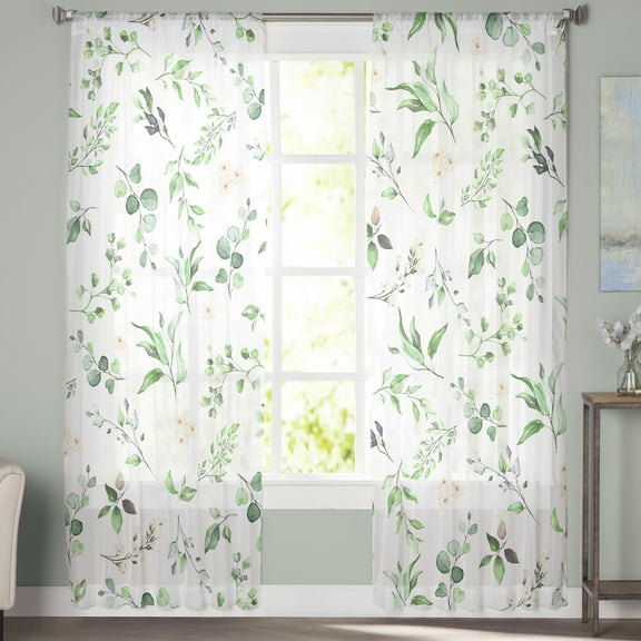 Sheer Curtains 96 inches Long, Vintage Farmhouse Flower Leaves Green Watercolor Style Light Filtering Sheer Window Curtains Rod Pocket Voile Drapes for Bedroom Living Room, 52"W x 96"L 2 Panels