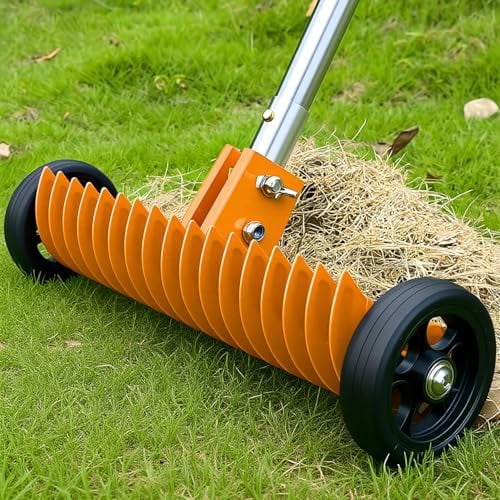 Lawn Thatch Rake, 15-Inch Steel Dethatching Tool, Adjustable 0-15° Angle and 38-68 Inch Length, Heavy-Duty Yard Rake for Dead Grass Removal and Lawn Care (Coral)$$Garden & Patio