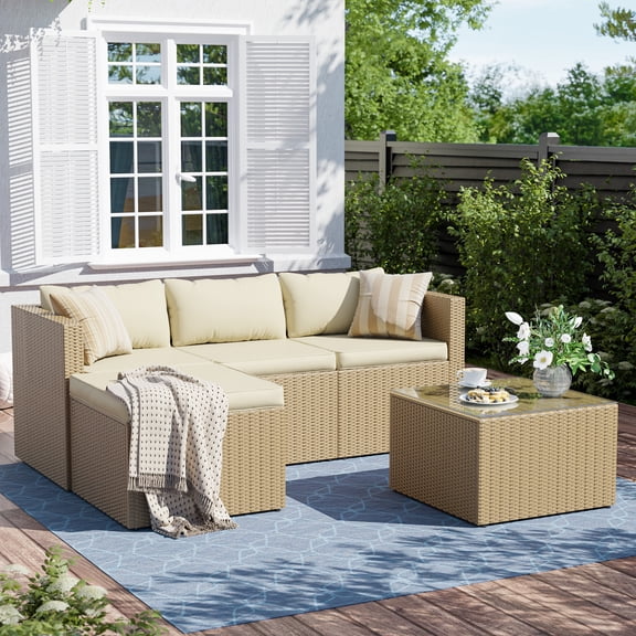 ELPOSUN 5-Piece Patio Furniture Conversation Set, All-Weather Wicker Outdoor Sectional Sofa Set with Table & Cushions, Beige