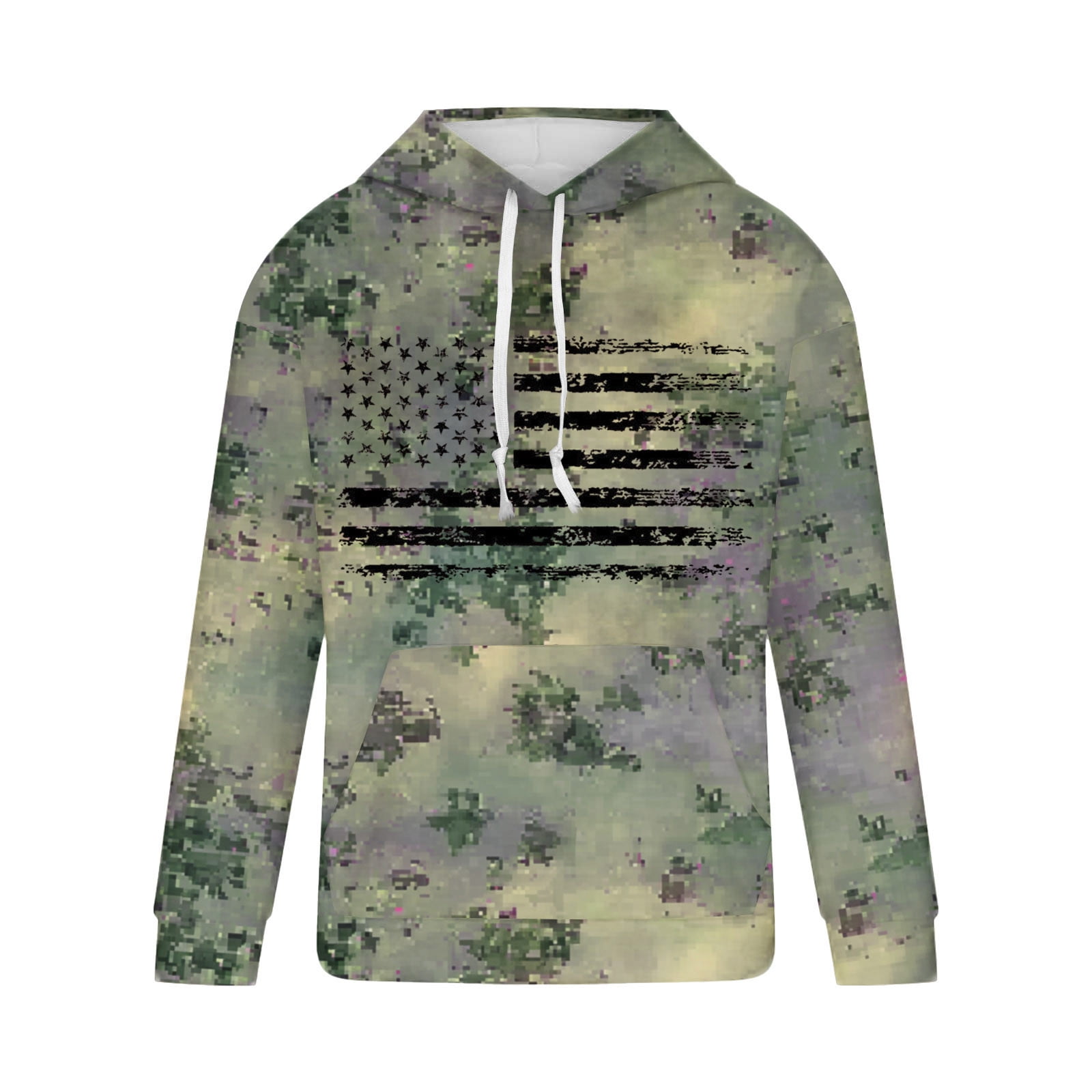 ZCFZJW Fashion Hooded Sweatshirts for Men Lightweight Regular Fit Casual Camo US Flag Print Long Sleeve Drawstring Hoodie Outwear Coat Patriotic Tops with Pocket Army Green XL