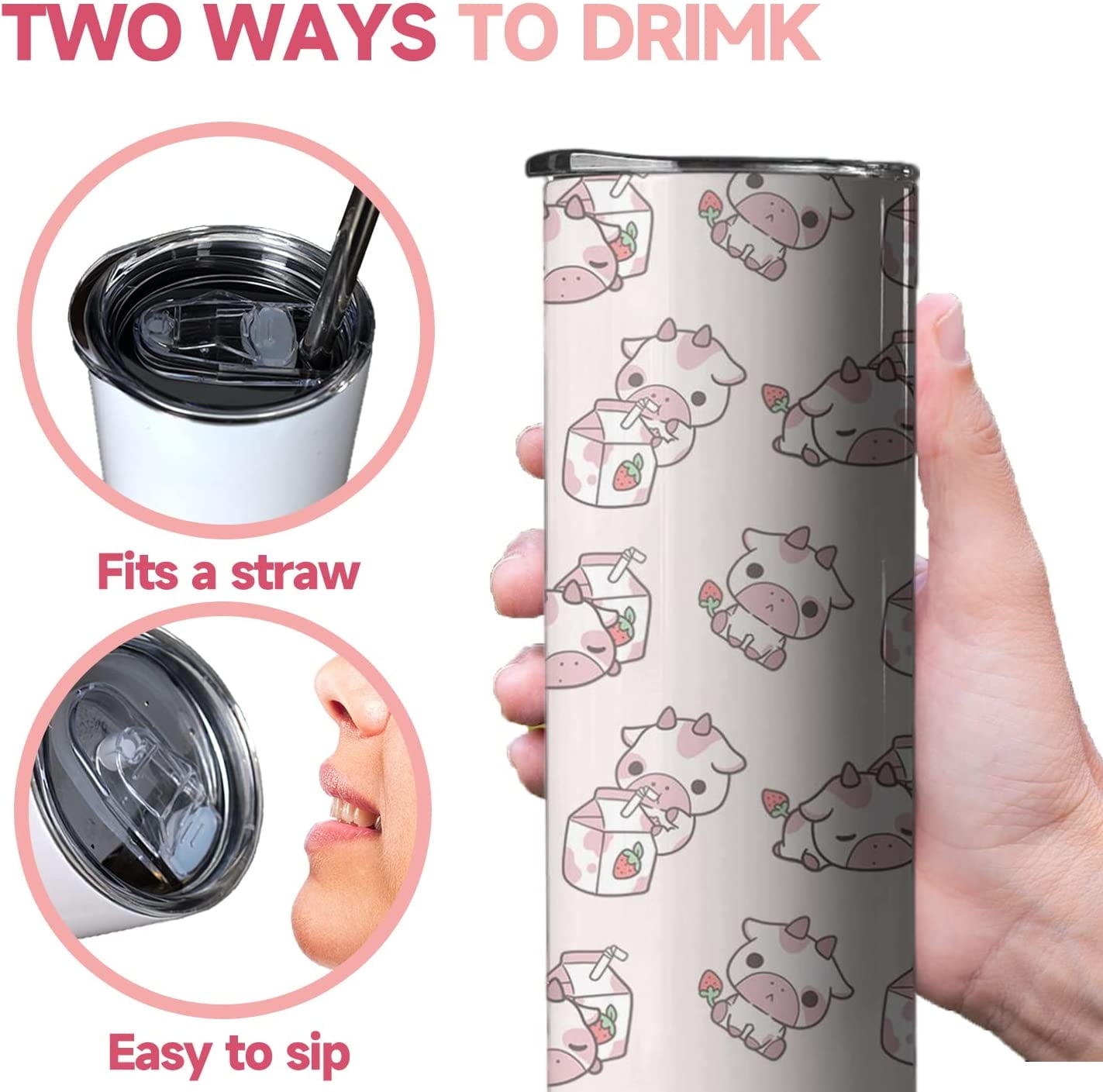 Strawberry Cow Tumbler With Lid and Straw Stainless Steel 20oz Pink Cow  Print Skinny Tumbler Insulated Cow Print Cups Strawberry Cow Coffee Mug  Water