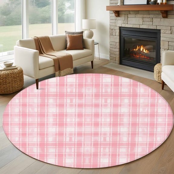 Round Area Rug 5 Ft, Pink Plaid Washable Non-Slip Circle Carpet for Living Room/Bedroom, Modern Art Checkered Farmhouse Low-Profile Runner Mats Collection Rugs for Indoor