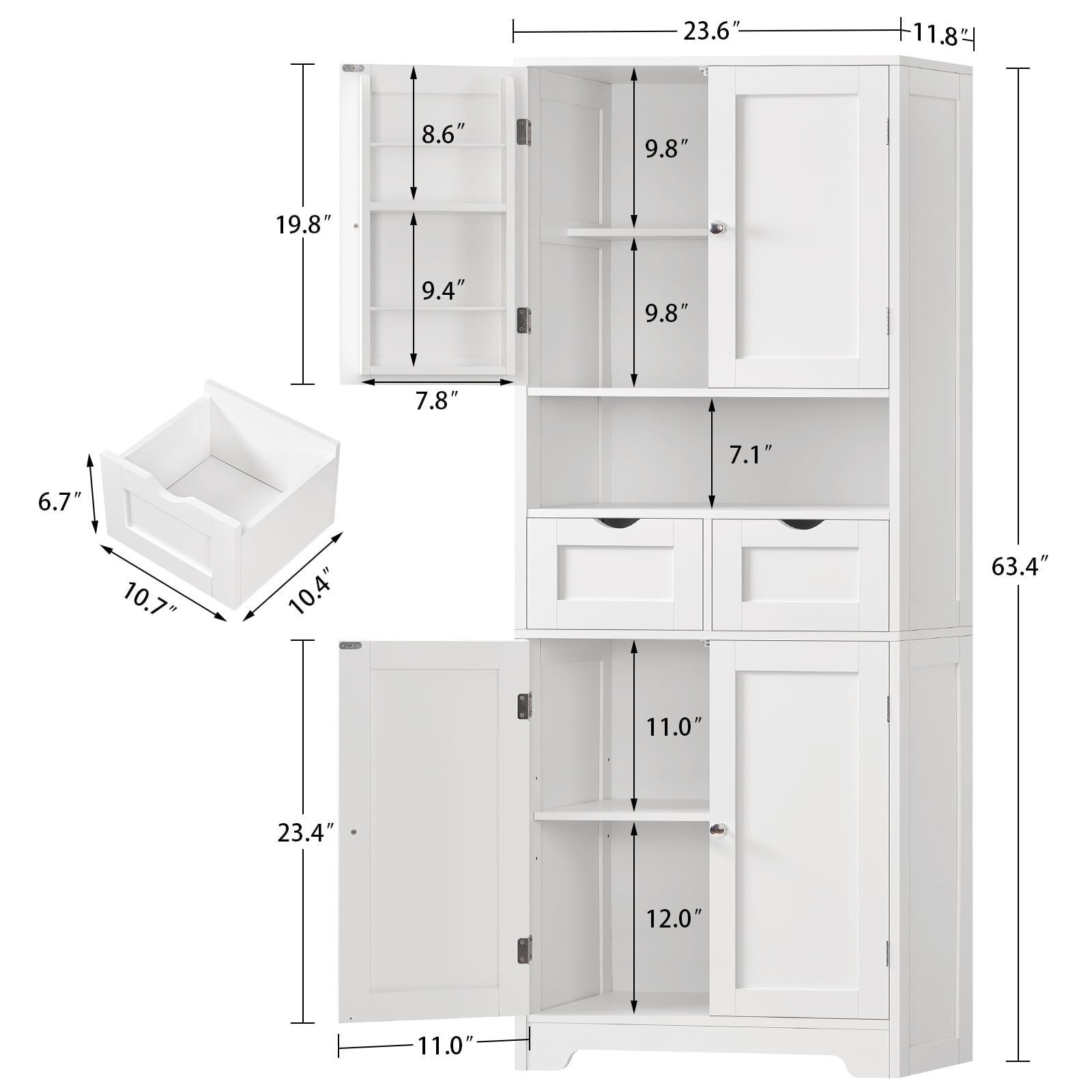 TEENFON Kitchen Pantry Cabinet with Adjustable Shelf, Tall Storage Cabinet with 2 Drawers & 4 Door Shelves, Food Pantry Cabinets, for Kitchen, White