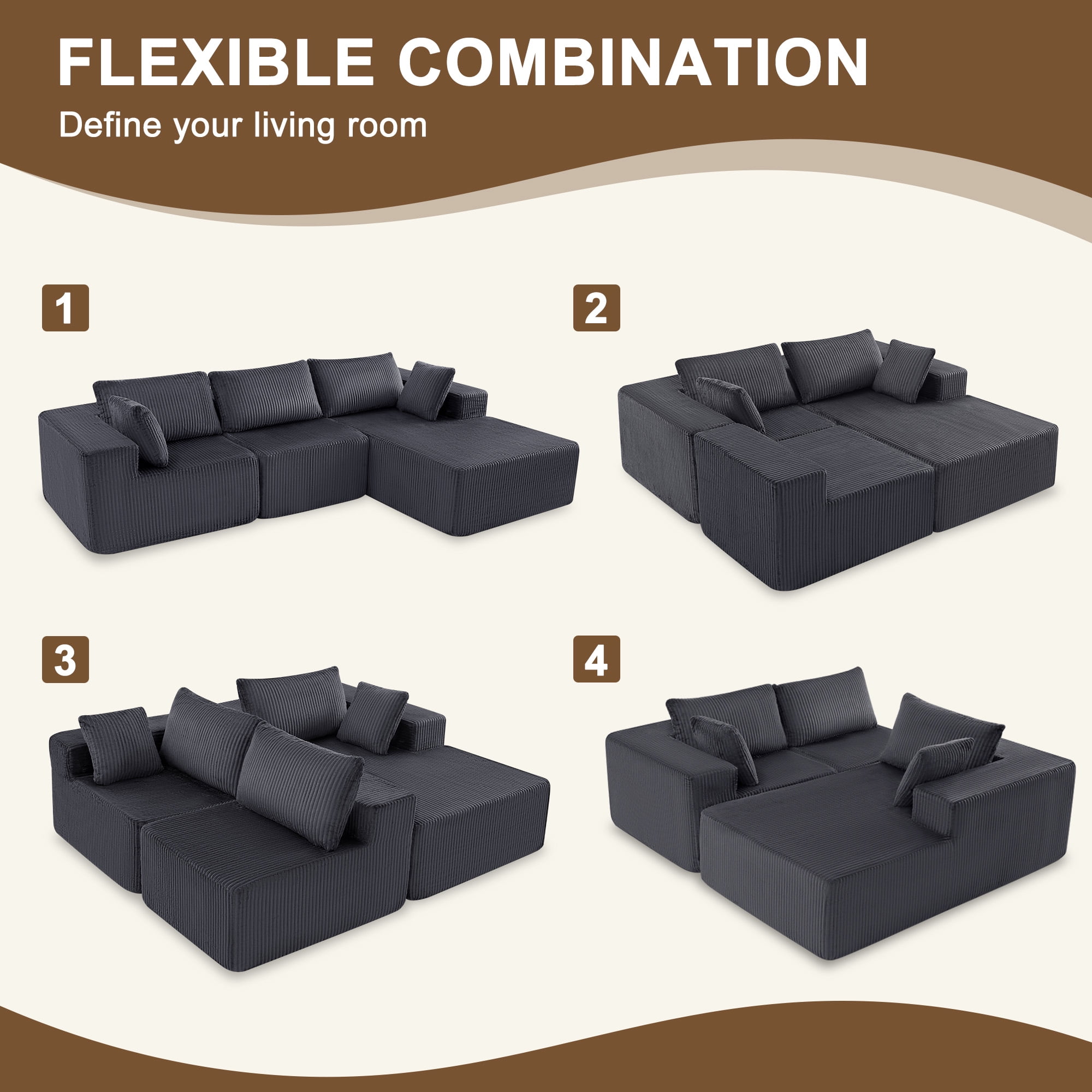 edx 108" Convertible Sectional Couches Comfy Fluffy 4 Seat Memory Foam Sectional Sofa Upholstered Couches for Living Room Bedroom,No Assembly Required,(Right Facing Chaise)Dark Grey