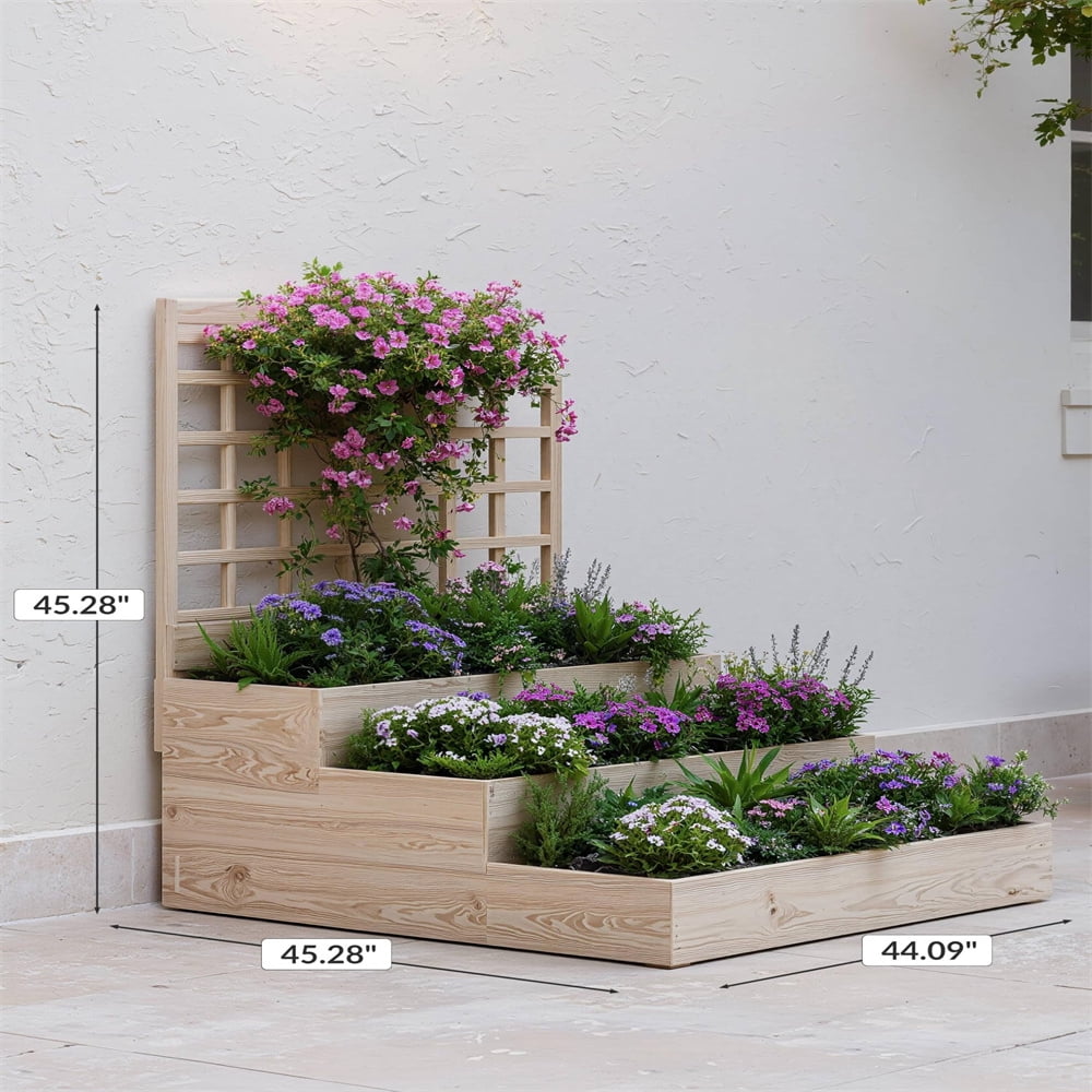 3-Tier Vertical Cedar Planter Box with Trellis - Raised Garden Bed for Climbing Plants, Vegetables & Herbs, Open Base Drainage Design, Ideal for Patios, Decks & Yards