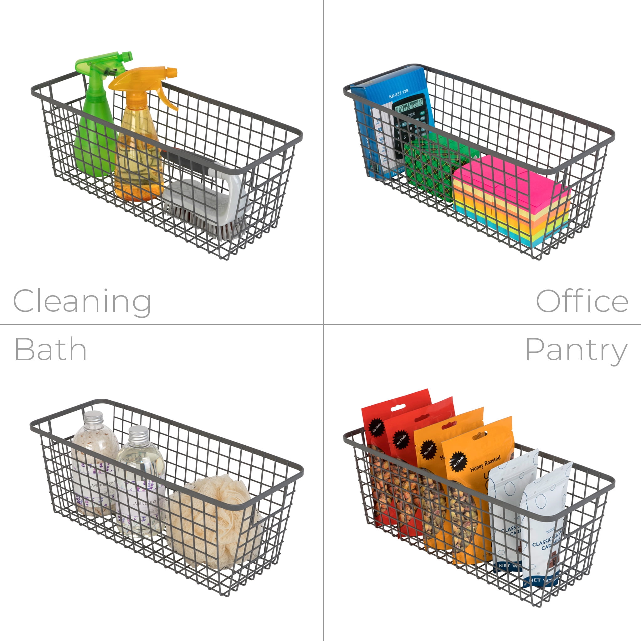 Smart Design Nestable Basket Organizer with Handles - 6 x 16 x 6 inches - Gunmetal - Set of 4