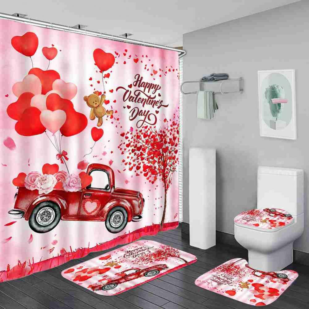 4 Pcs Valentine Shower Curtain Set with Non-Slip Rug, Toilet Lid Cover and Bath  Mat, Pink Rose Shower Curtain with 12 Hooks, Red Truck Gnome Shower Curtain  for Bathroom - Walmart.com
