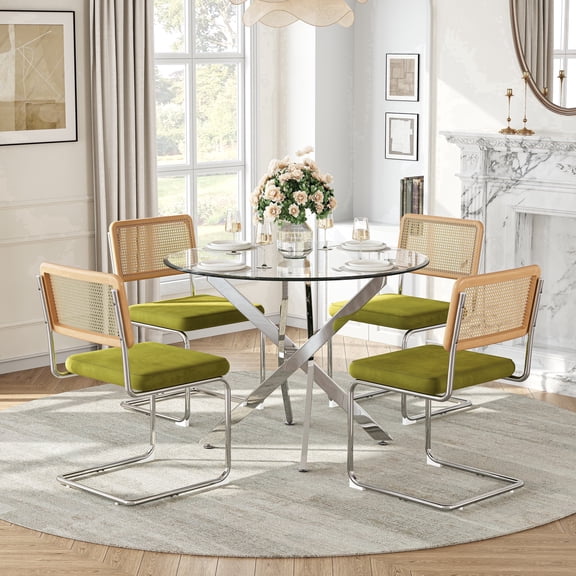 36" Round Dining Table Set for 4, Silver Stainless Steel Cross Legs, 4 Rattan Velvet Upholstered Chairs, Modern Kitchen for Breakfast Nook