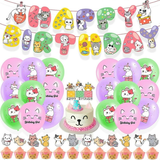 Cartoon Cat Birthday Party Decorations, Kawaii Cat Party Supplies Include Banner Balloons Cake Topper Cupcake Toppers, Cute Cat