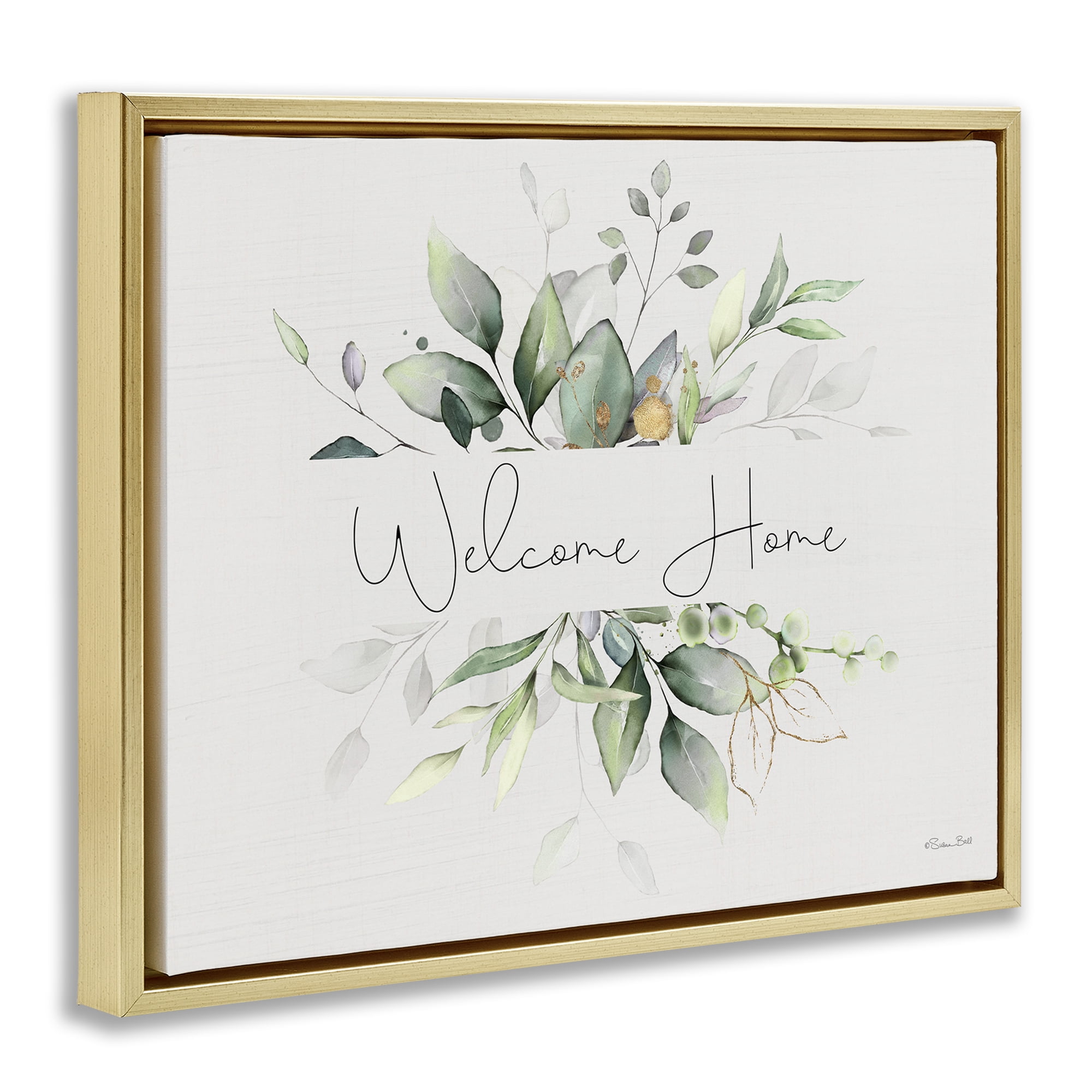 Stupell Industries Soft Leaves Welcome Botanical & Floral Painting Gold Floater Framed Canvas Art Print Wall Art, 21 x 17