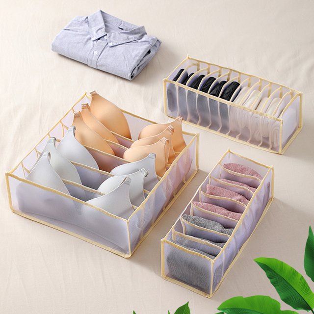 HEVIRGO Underwear Storage Box Washable Space-saving Cloth Panties Scarfs Bra Holder for Closet,Beige 3Pcs/Set