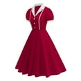 thumbnail image 2 of Kilaqueen 1950s Vintage Audrey Hepburn Style Dresses for Women Short Sleeve Lapel V Neck Cocktail Swing Dresses, 2 of 9