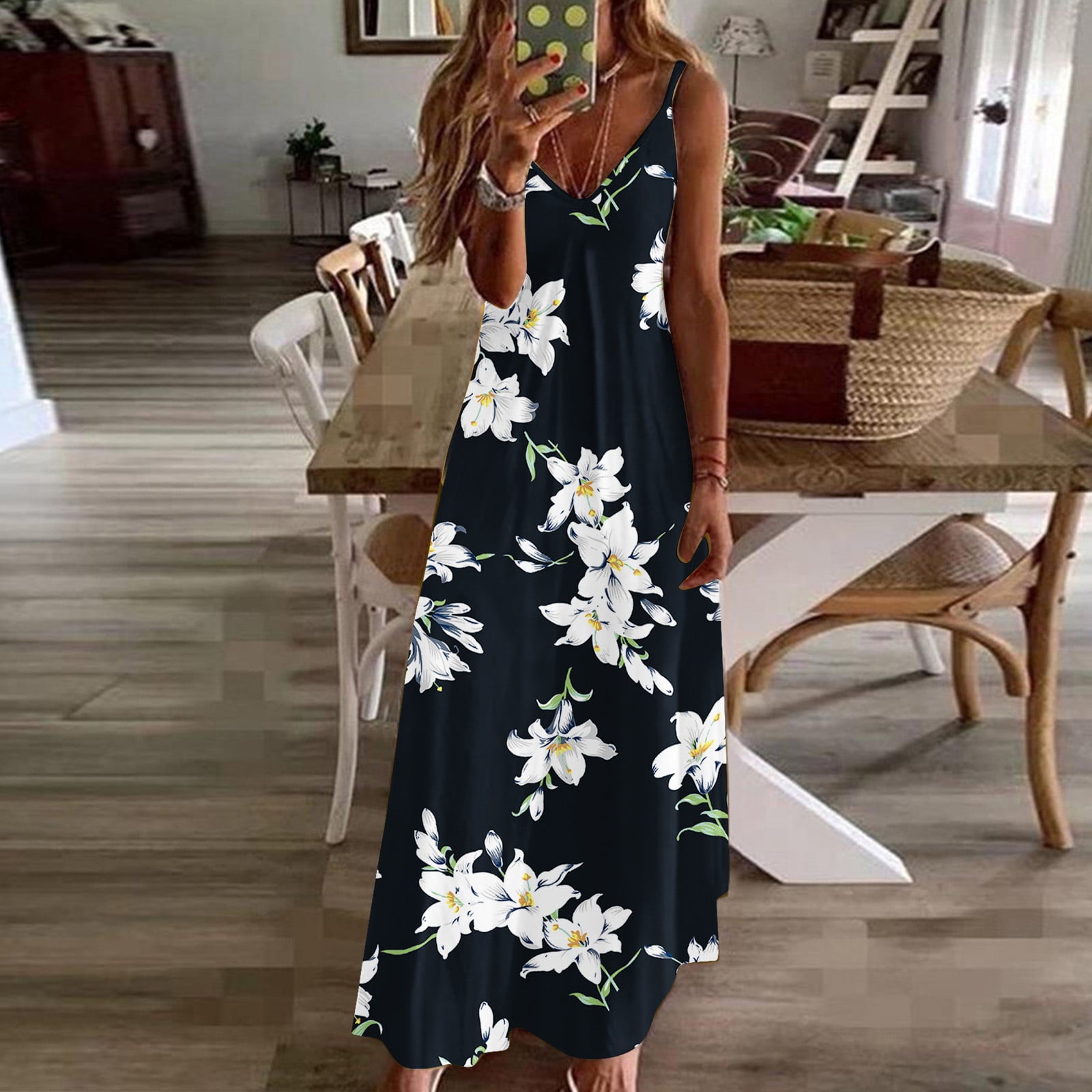 Women's Summer Casual Maxi Dress Boho V Neck Spaghetti Strap Slip Dress  Printed Flowy Vacation Beach Long Dress 