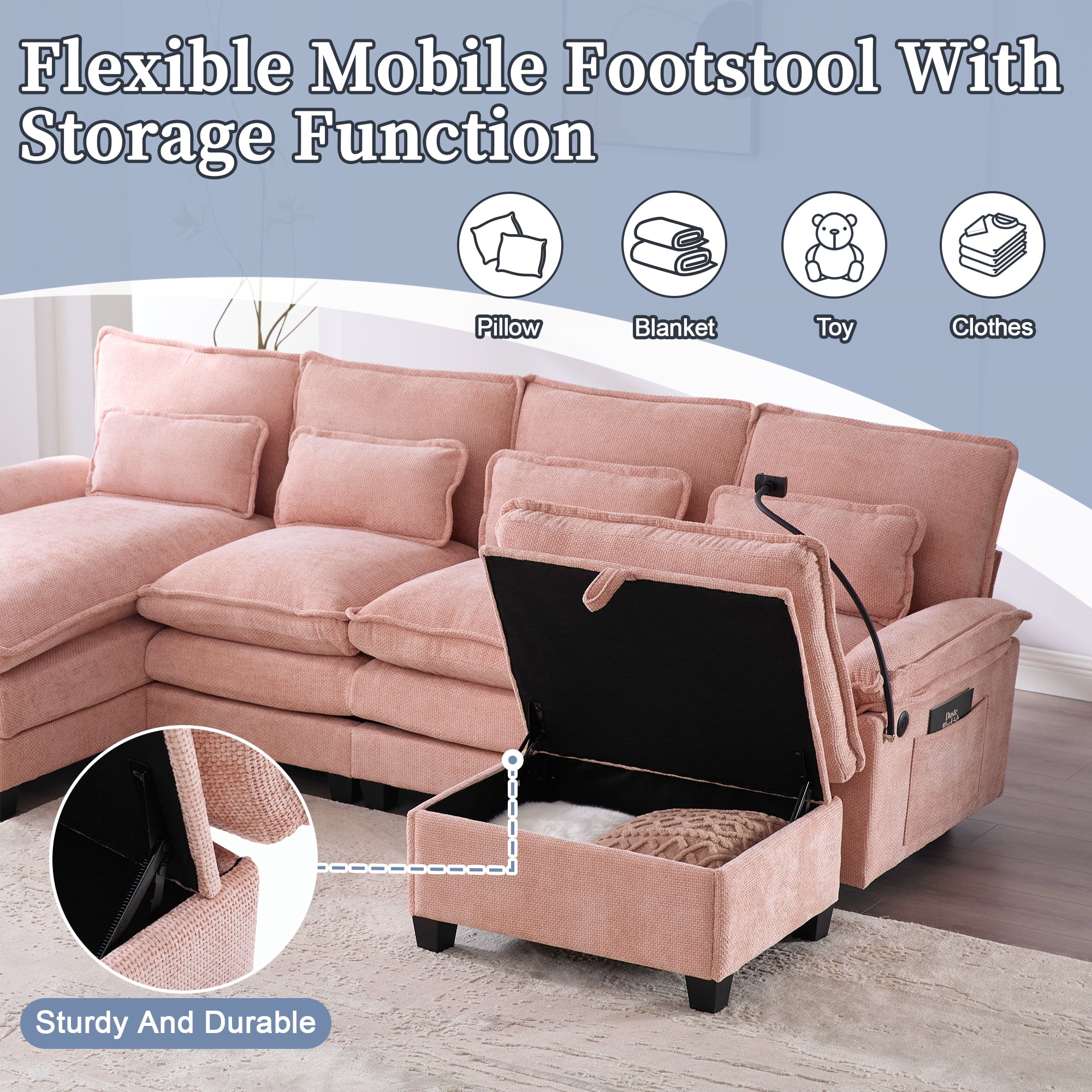MOONMISS Chenille Upholstered Oversized U-shaped Comfy Modular Sectional Sofa with Storage Ottoman-Pink