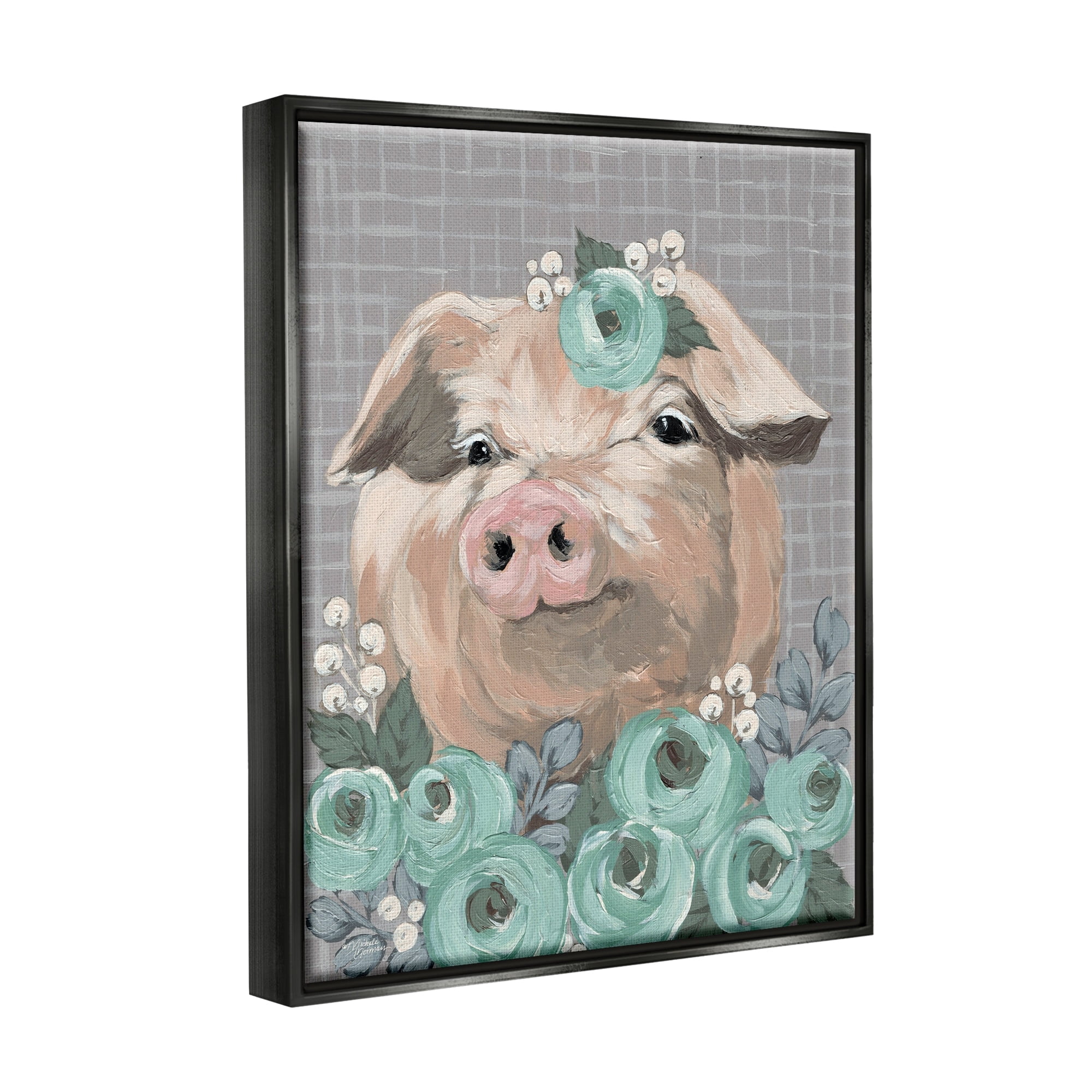 Stupell Industries Fuzzy Pig Surrounded Turquoise Flower Arrangement Pattern Painting Jet Black Floating Framed Canvas Print Wall Art, Design by Michele Norman
