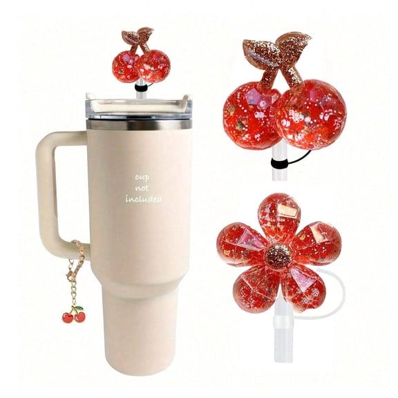 2 Pcs Straw Cover for 30 oz&40oz Cup 10mm 0.4in Cherry Flower Shape Silicone Straw Topper  With Charms for Tumbler