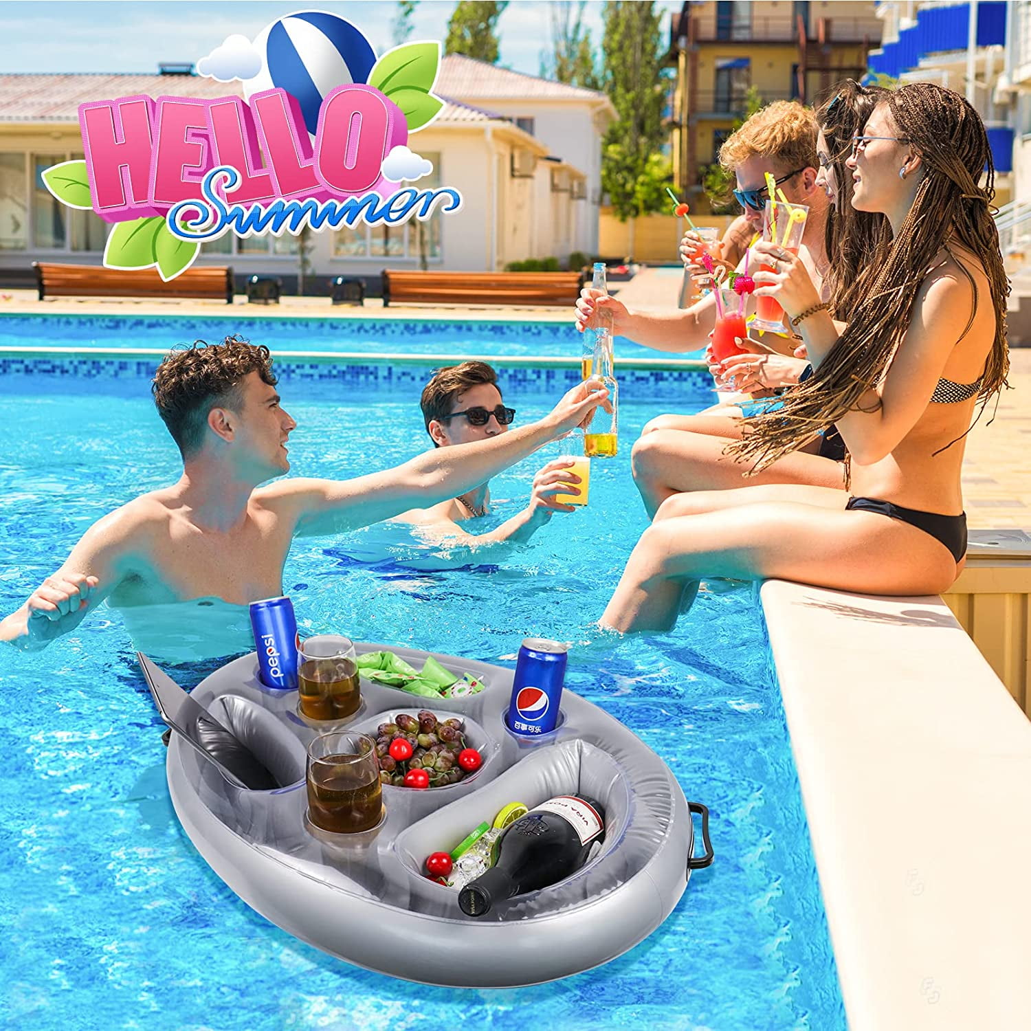 Inflatable Floating Drink Holder Floating Cup Holder 27.5 x 19.6 inch Large  Capacity Refreshment Table Tray with Handle for Pools Hot Tub Beach Party  Outdoor Pool Party Supplies 
