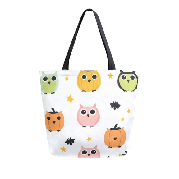Open Top Canvas Tote Bag with Zipper Reusable Shopping Bag 13.5x15" Roomy Carryall Cute Owls Pattern