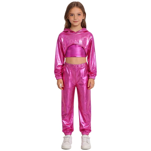 Hansber Kids Girls Shiny Metallic Hoodie Crop Top with Cami Vest and Pants Hip Hop Jazz Dance Outfit Hot Pink 14