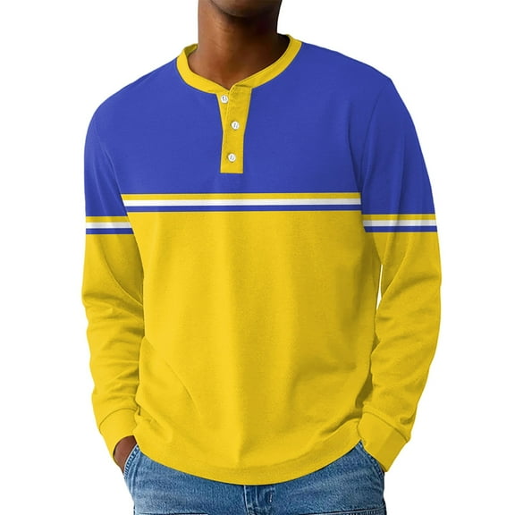 Homozy Tshirts Shirts for Men Color Block Long Sleeve Crewneck Button Henley Shirts Casual T-Shirts Soft Basic Tops Yellow 3XL