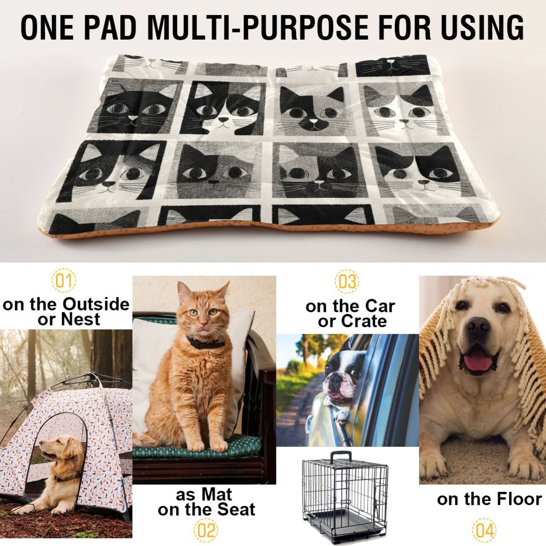 Cozy Mat Pet Bed Indoor Outdoor Warm Soft For Cat Dog Puppy(S/M) Black White Cat Faces