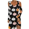 thumbnail image 2 of Fartey Women's Halloween Mini Dresses Ring Hole Cold Shoulder Tank Dress Slim Fit V Neck Long Sleeve Tunic Dress Funny Pumpkin Print Dress, 2 of 5
