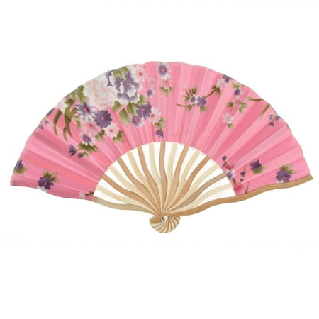 Summer Bamboo - Summer Cool Bamboo Blossomy Pattern Portable Folding Hand Fan Pink w Bag