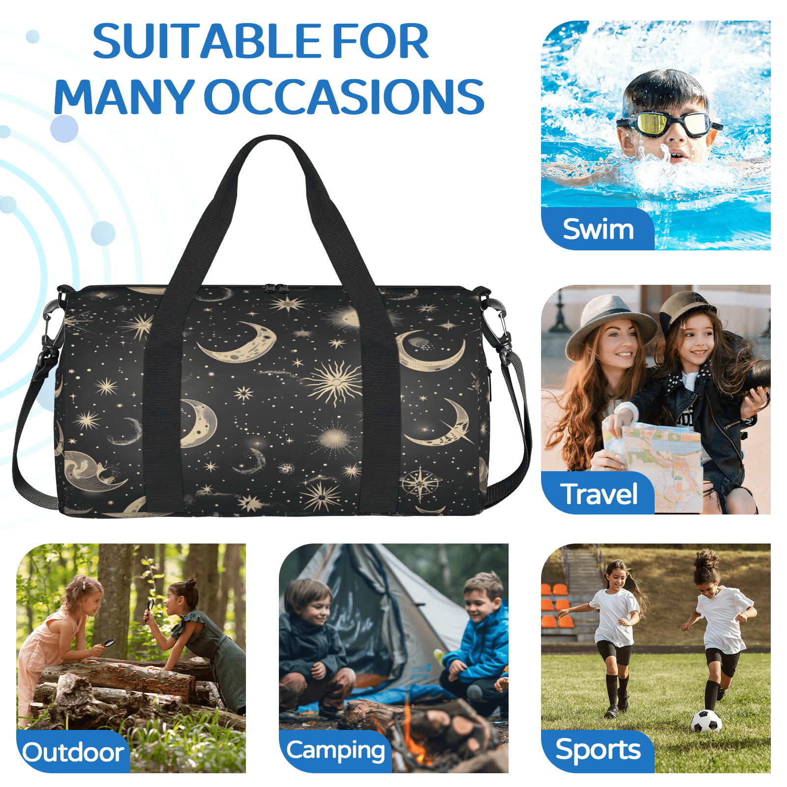 Herdesigns Moon Starry Travel Duffle Bag Sports Yoga Weekender Overnight Carry on Workout Bags Lightweight Waterproof Gym Tote Bag for Women Night Galaxy
